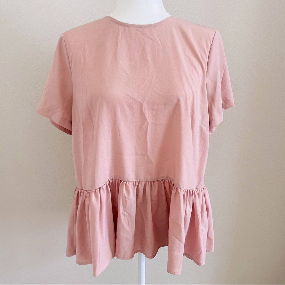 🌹 Hinge Blush Pink Bow Tie Peplum Blouse Size Medium